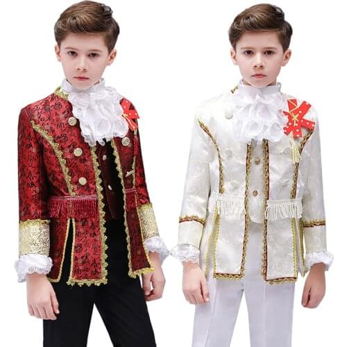 Boys Kids Prince Uniform Jacket Retro European Stage Suit Medieval Renaissance Royal Court Dress Costume For Halloween Carnival