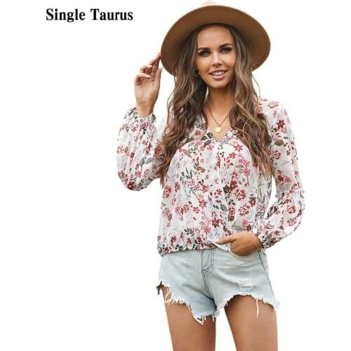 Floral Print Women Blouse Summer Fall Long Sleeve V Neck Lantern Sleeve Lace Up Elegant Cute Tops Blusas Para Mujer Dropshipping