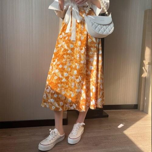 Long Skirt Korean Style Summer Clothes Hot Blue Oil Painting Printing Pleated Skirt Women Vintage Harajuku High Waist