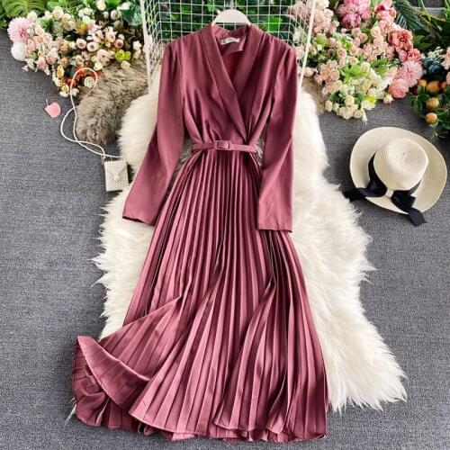 Spring And Autumn Elegant Solid Color Womens Pleated Dress With Belt Suit Collar Fashion Office Black Maxi Dress Femme Robe