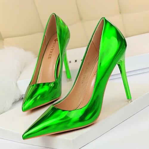 BIGTREE 2021 New Women Sexy Fetish Green Red 10.5cm High Heels High Quality Patent Leather Pointed Toe Ladies Office Shoes