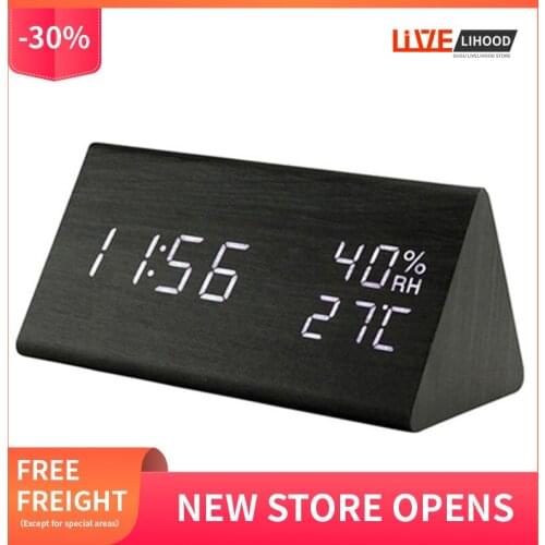 LED Wooden Digital Alarm Clock Voice Control Digital Hygrometer Alarm Clock USB/AAA Power Supply Clock Table Decoration
