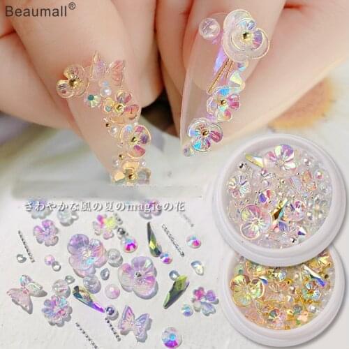 Mix Shapes/pot 3d Nail Art Iridescent Color Flower Butterfly Crystal Beads Rhinestones For Nail Tips Decorations