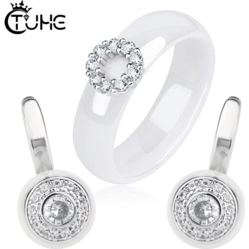 Ceramic Rings Plus Cubic Zirconia Circle Rings and Earring Jewelry Set for Women Never Fade Color Engagement Sets Jewelry