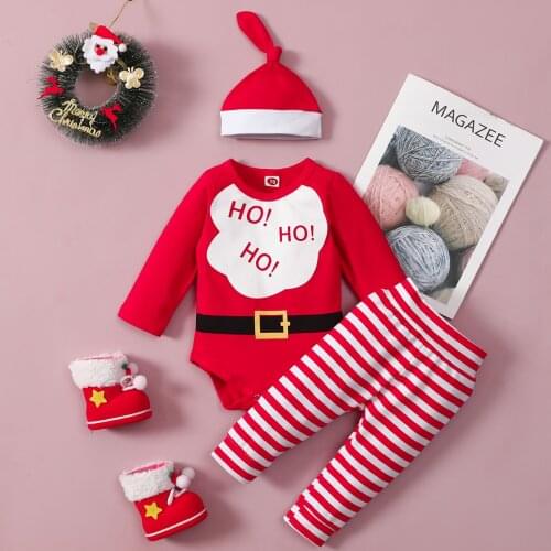 Baby Boys Girls Christmas Clothes 2022 Infants Newborn Cartoon Print Long Sleeve Romper+Trousers with Hat Suits for 0-24M