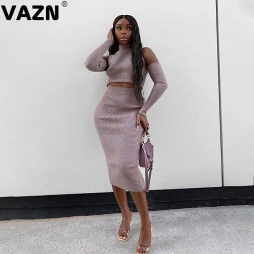 VAZN 2020 Top Quality Knit Novelty Set Sweet Solid Turtleneck Full Sleeve One Shoulder Group Midi SkirtsSkinny Women 2 Piece Set