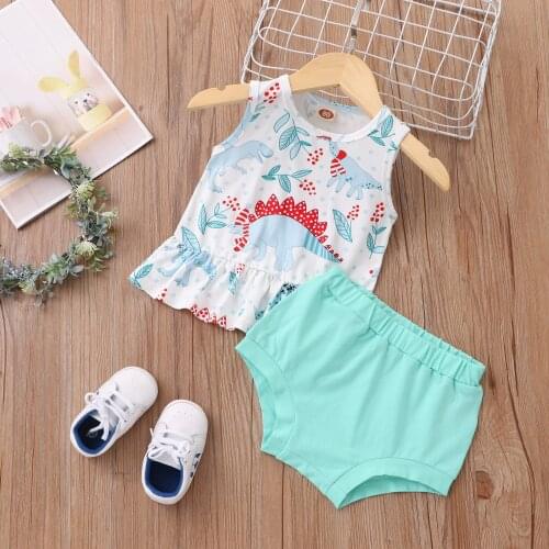 2PCS Summer Newborn Kids Baby Girls Clothes Cute Dinosaur print Tops + Shorts Outfits Sleeveless Baby Girl Clothing Set