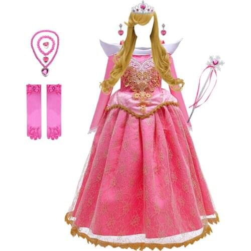 Princess Halloween Costume Summer Girls Aurora Dress Fluffy Child Girls Off Shoudler Pink Dresses Fancy Fairy Princess Dress Up