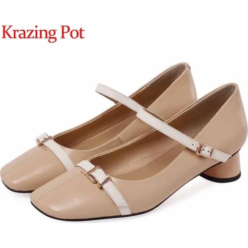 Krazing Pot retro fashion full grain leather mixed colors square toe thick med heel buckle straps dating maiden women pumps L36
