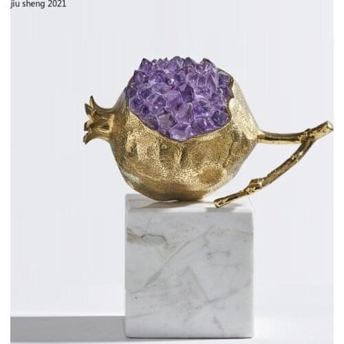 Creative Brass Pomegranate Statue Luxury Purple Crystal Stone Decor with Marble Base Living Room High-end Furnishings Home Decor
