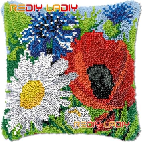 Latch Hook Cushion Flowers Bouquet DIY Needlepoint Kits Chunky Acrylic Yarn Arts Crocheting Lofty Pillow Case Hobby & Crafts