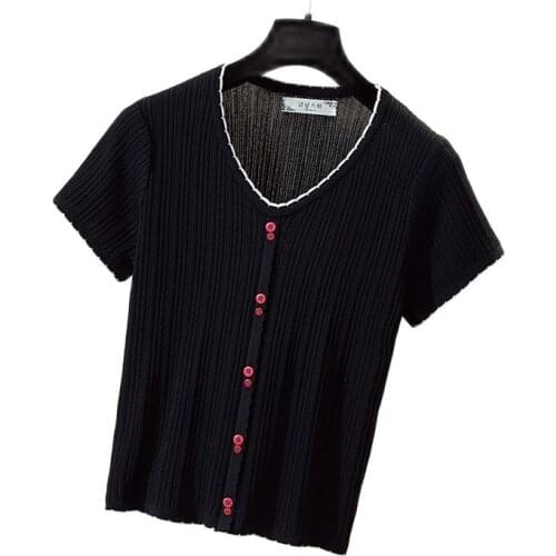 L-4XL fashion womens knitted t-shirt 2021 summer new v-neck high-end blouse Xiaoxiang wind ice silk short-sleeved t-shirt