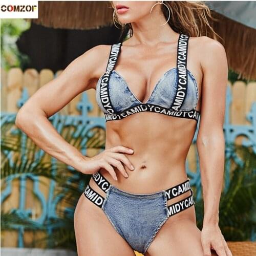 Hot sale women sexy bikini sets denim bra swimsuit ribbon jeans shorts beach wear bikinis woman swimwear clothing 2 piece set