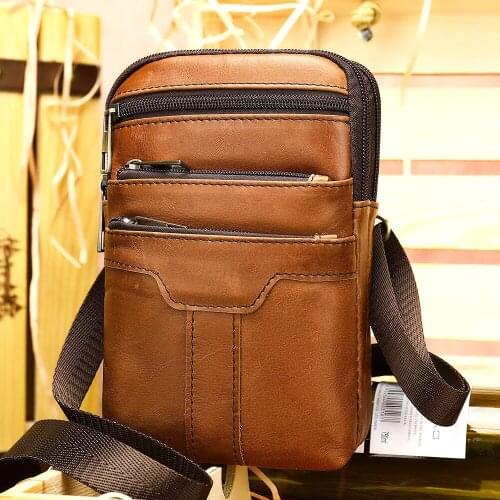 Genuine Leather Mens Small Crossbody Bag Retro Casual Belt Multifunctional Waist Bag Three Layers Shoulder Messenger Bag
