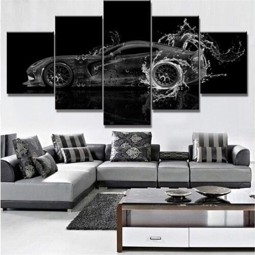 Wall Art Canvas Painting Modern Pictures Home Decoration Posters 5 Panel Black And White Super Sports Car Living Room HD Printed