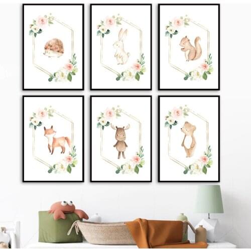 Wall Art Canvas Painting Boho Wreath Fox Deer Rabbit Bear Boy Girl Nordic Posters And Prints Wall Pictures Baby Kids Room Decor