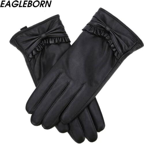 2021NEW enuine Leather Women Gloves Sheepskin Winter Women Fashion Bow Touch-screen Drive High-quality Distinguished Warm Gloves