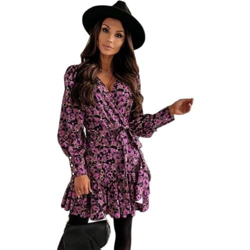 Sexy Dresses Party Night Club Dress 2021 Spring Lantern Sleeve Print Wrap Dress Women Elegant Ruffles V Neck Red Party Dresses