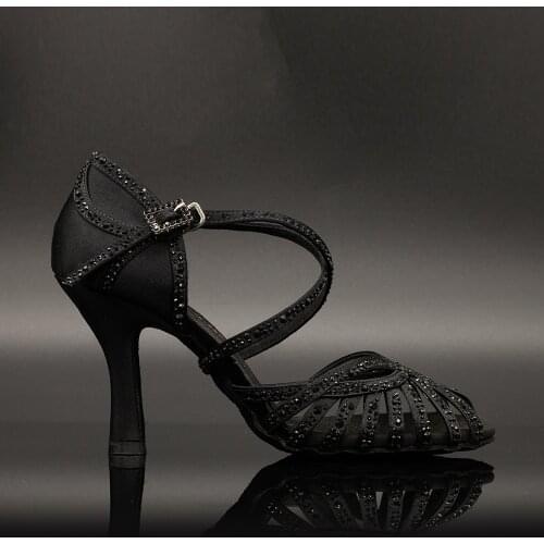 Salsa Dance Shoes Suphini 7.5cm Heel Red Satin With Rhinestones Latin Salsa Professional Dance Shoes