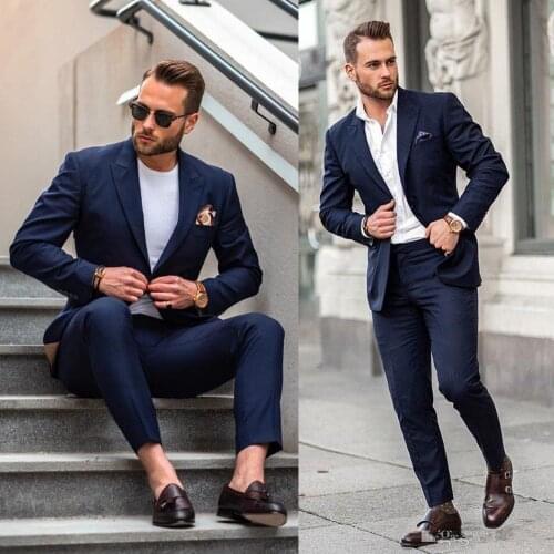 Dark Blue One Button Velvet Mens Prom Suits Notched Lapel Celebrity Wedding Tuxedos For Men Two Pieces Blazers (Jacket + Pant)