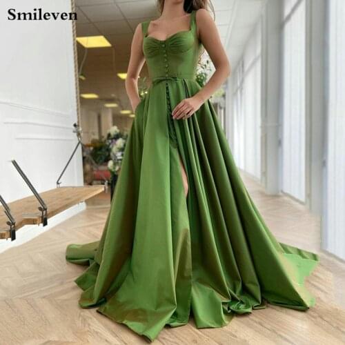 Smileven Green Sweetheart Neck Evening Dresses Satin Double Straps Front Split Prom Party Dresses Longo Prom Gowns