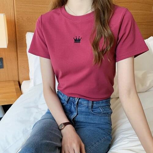 2020 Summer New Womens Fashion Embroidered T-shirt Purple Short Sleeve Top Loose O-neck Casual Tees Plus Size Female Clothing