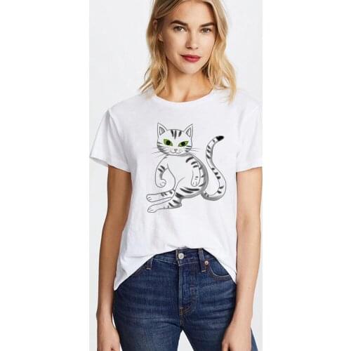 Plus Size T-Shirt S-3XL Line Lovely Cat Print Womens T-Shirt Cotton Round Neck Summer Short Sleeve T-Shirt Tops Casual T-shirt