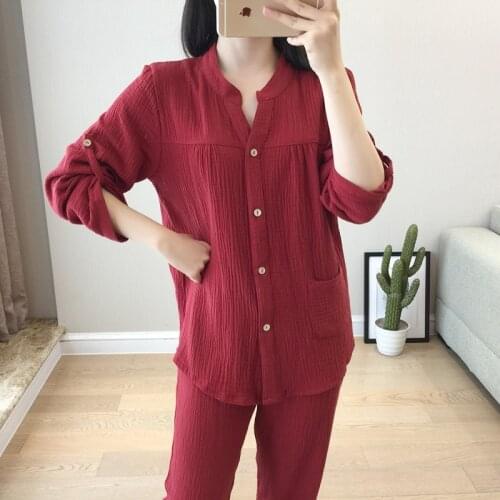 100% Cotton Gauze Pajamas for Women Plus Size Sleepwear Washed Crepe Long Sleeve Home Wear Autumn Pijama Set 2 Piece Wholesale