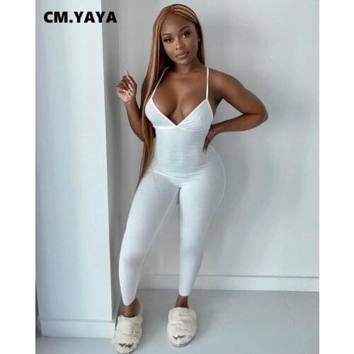 CM.YAYA Knitted Spaghetti Strap Open Back Skinny Women Jumpsuit Yoga Elastic Knitted Sleeveless Romper Sport Overall Outfits