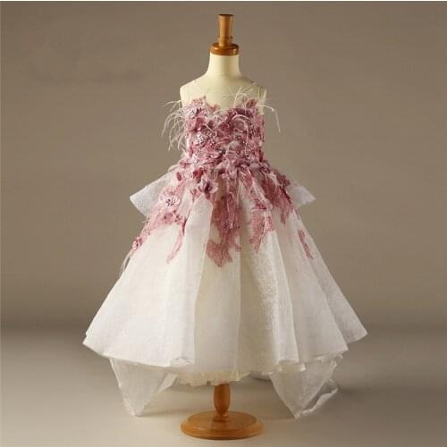 New Luxury Flower Girl Dress With 3D Floral Appliques Feather Keyhole Back Custom Made Girls Pageant Gowns
