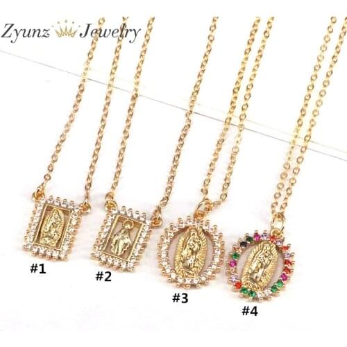 10PCS, CZ Virgin Mary Necklaces For Women Crystal Necklace Chain Copper Catholic Jewelry virgen de guadalupe