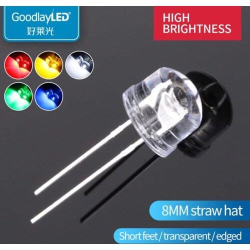 1000PCS 8mm straw hat high brightness short feet white light red blue green yellow straight insert LED light-emitting diode