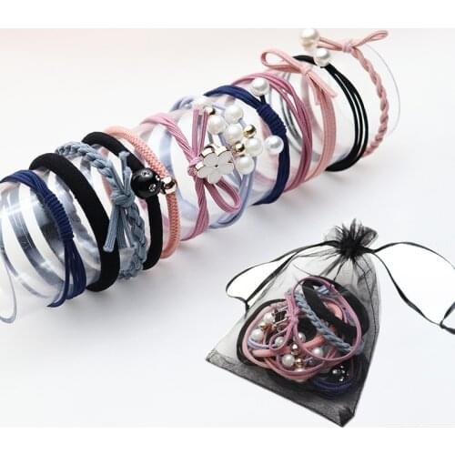 12PCS Ponytail Hair Bands Pearl Hair Ties For Girls Women Elastic Flowers Hairband Headband Hair Accessory Set With Net Bag