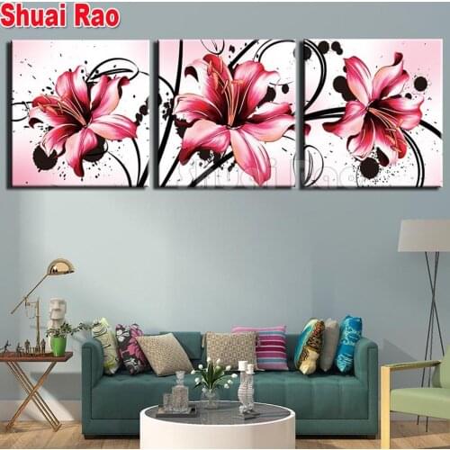 5d Diy Diamond Painting 3 Piece Pink Lily Flower Diamond Embroidery Sale Full Square Still Life Modern Decoration Triptych Paint