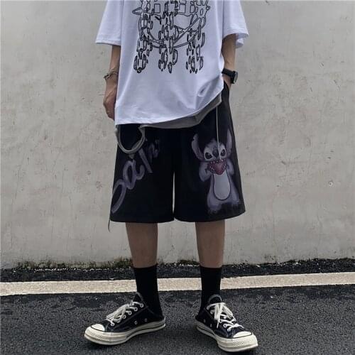 Trendy Korean Fashion Harajuku Cartoon Anime Letter Pants Men And Women Summer Pocket Elastic Waist Loose Wide-Leg MenS Pants