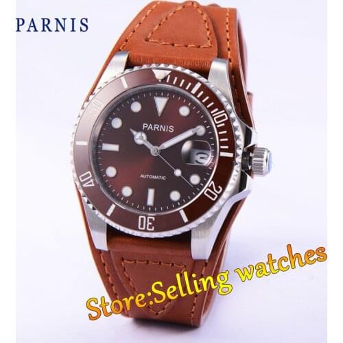 Parnis 40mm coffee dial luminous sapphire glass red ceramic bezel Automatic movement watch