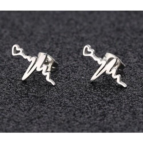 Hfarich Fashion Doctor Nurse Jewelry Punk ECG Heartbeat&heart Stainless Steel Earrings Studs Student Graduation Gift