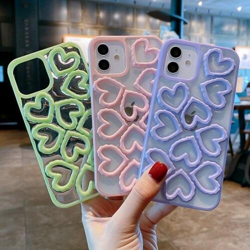 INS 3D Candy Color Cute Hollow Love Heart Phone Case For iPhone 12 Pro 11 Pro Max X XR XS SE 2020 7 8 Plus 12 Soft Silicon Cover
