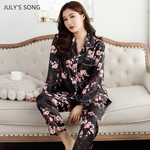JULYS SONG Flower Print Pajamas Set Woman Sleepwear 2 PiecesFaux Silk Long-sleeved Suit Spring Autumn Elegant Lapel Homewear