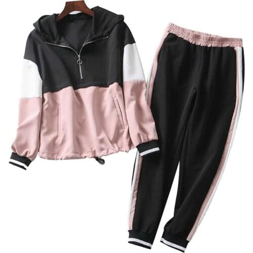 Pink Patchwork Two Piece Set Outfit Women Spring-Autumn Hooded Bomber Jacket Set Ladies Joggers Set Girls Loose Hoodies Set Suit