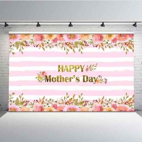 Mehofoto Floral Mothers Day Backdrop for Photography Pink White Striped Background for Family Photographers Photo Shoot MW-072