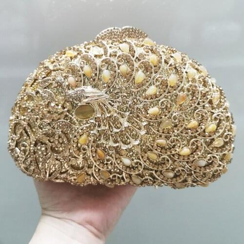 Oval-Shape Gold Metal Purses Peacock Pattern Clutch Luxury Design Evening Bags Women Chain Handbags Wedding Rhinestone Purse