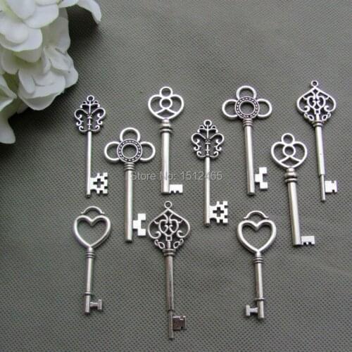Mixed 100Pcs Antique Silver Skeleton Key pendants Wedding key charms 53mm-68mm Big size Wedding Favor