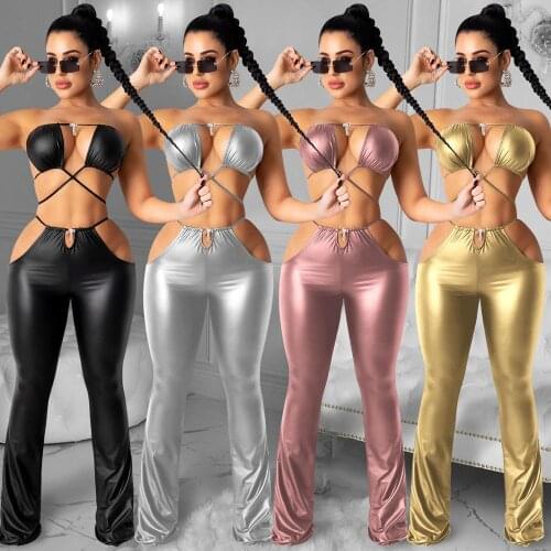 Sexy Women 2020 New Black Pink Silver Gold sleeveless 2 Two Piece Strapless Off Shoulder Bodycon Bandage Junpsuits Wholesale