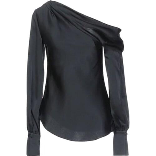 One Shoulder Sleeves Long Satin Tops Shirt Normal Length Blouse Black Champagne Women Top Pleats Custom Made For Autuam 2021