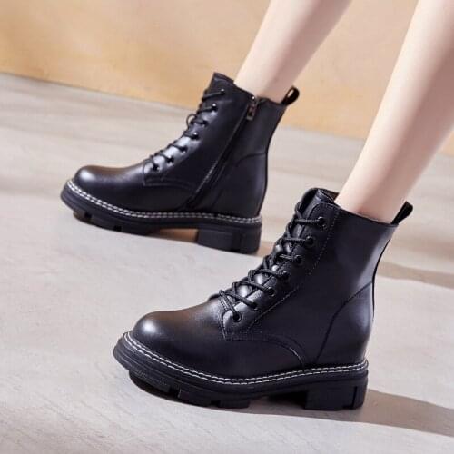 Perixir Ankle Boots Women Genuine Leather Short Plush Round Toe Lace-Up Internal increase Black Cool Girl Booties 2020 New