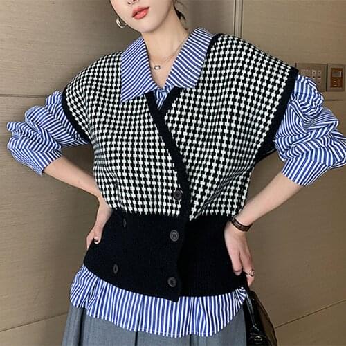 Streetwear Houndstooth Sweater Vest Women 2021 Autumn Winter V Neck Knited Vest Double breasted Sleeveless Jacket Gilet Femme