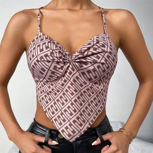 Women Close-fitting Camisole, Brown Rhombus Printed Pattern Deep V-neck Tops, XS/ S/ M/ L