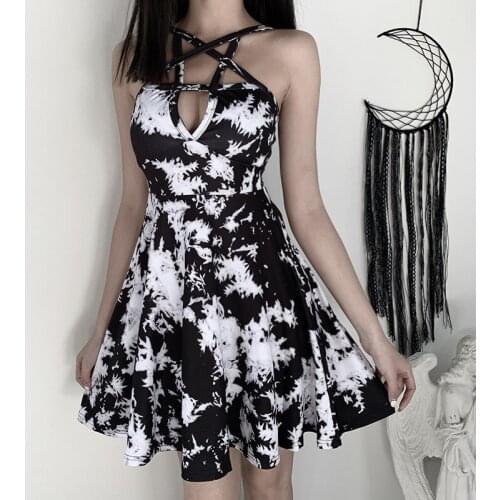 Sleeveless Backless Strap Pleated Women Dress Dark Gothic Vintage Grunge Harajuku Female Dresses Pentagram Chic Punk Vestidos