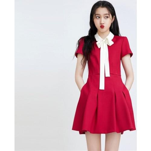 College Style Red French Slim Sweet Dress Female Summer Fashion Peter Pan Collar High Waist Elegant Pleated Mini Dresses 2021